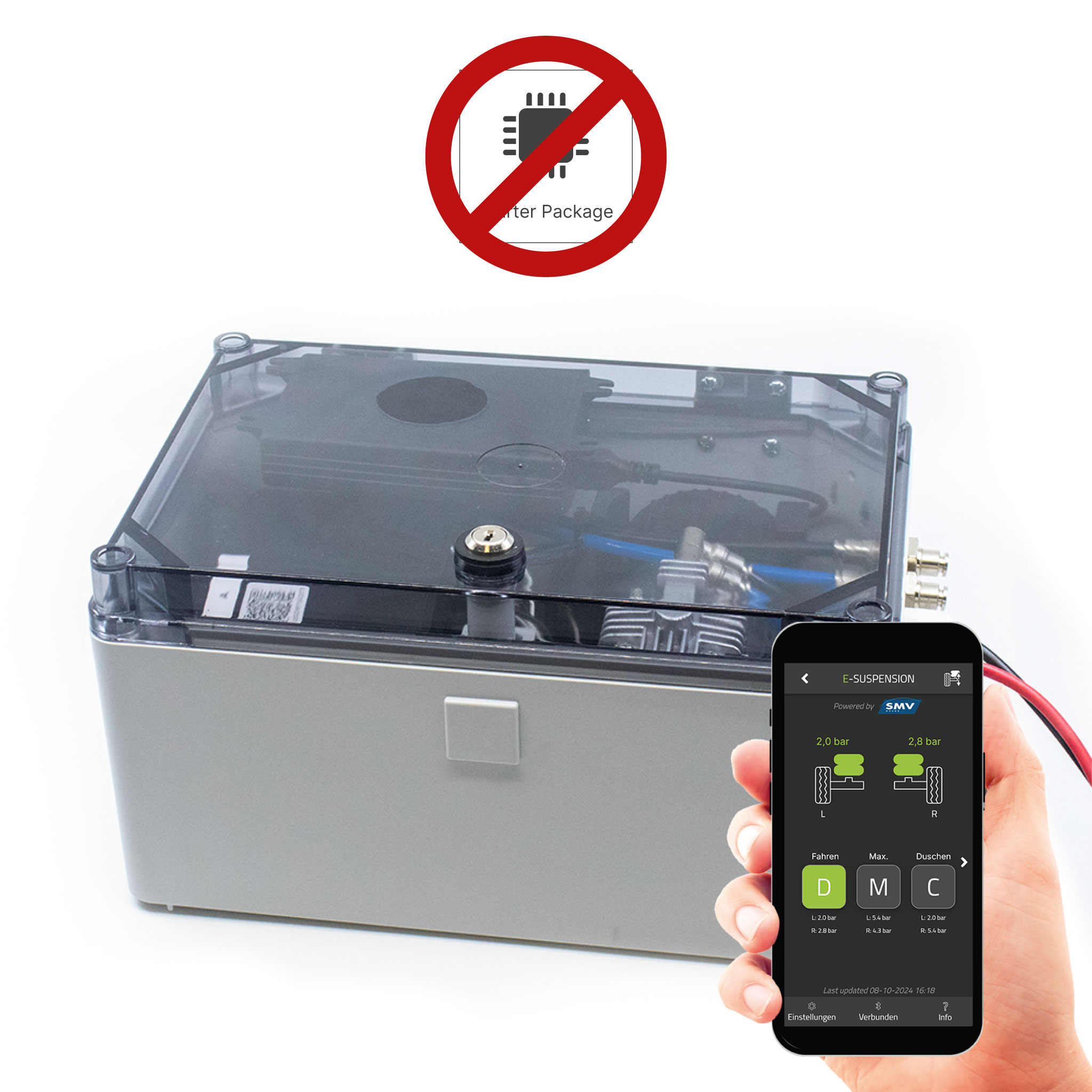 Das Bild zeigt die E-Suspension Steuerung mit der App auf dem Handy ohne Starter Paket