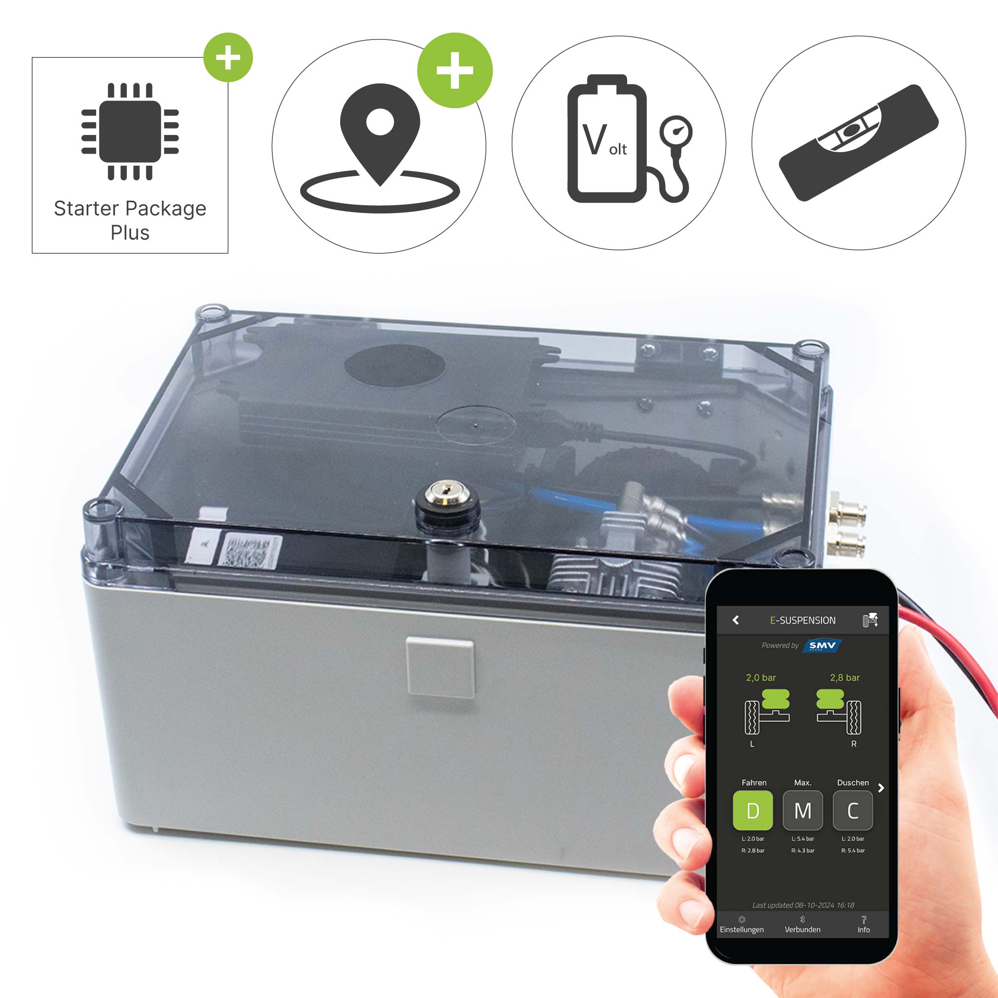 Das Bild zeigt die E-Suspension Steuerung mit der App auf dem Handy mit Starter Paket Plus